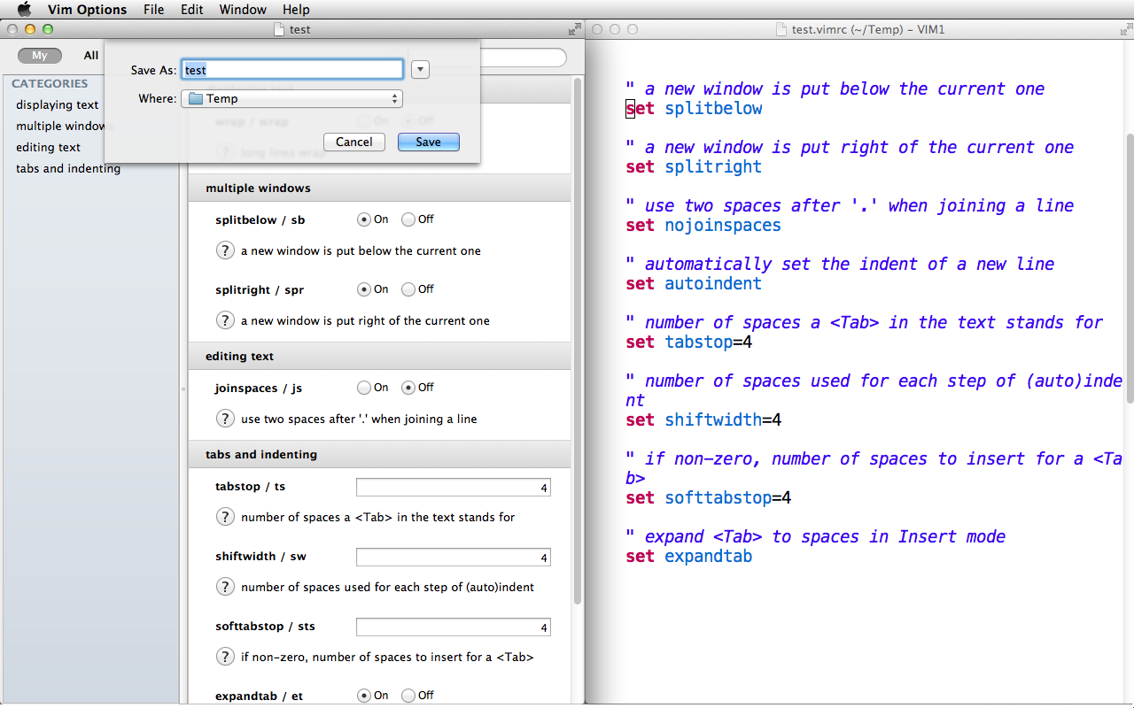 Vim Options screenshot